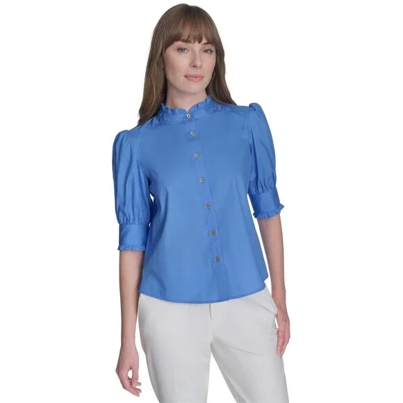 Tommy Hilfiger Puff-Sleeve Blouse Women's M Blue Ruffle Collar Button Closures - Picture 1 of 15